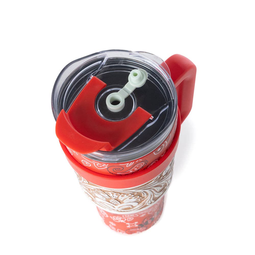 Bandana Tooled Western Tumbler in Red Stainless Steel with Handtooled Leather and Handle for Use