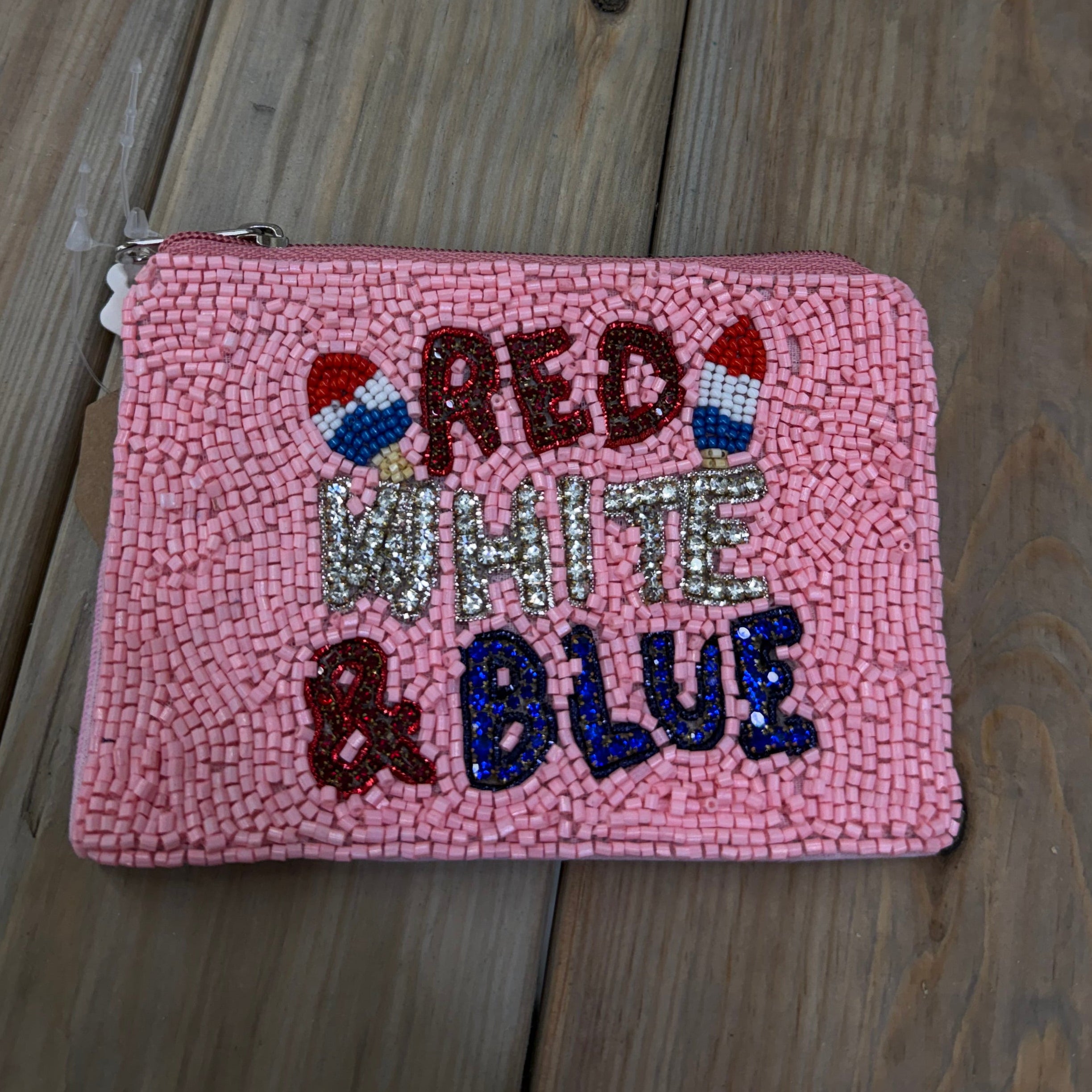 Red White & Blue & Pink Beaded Coin Bag