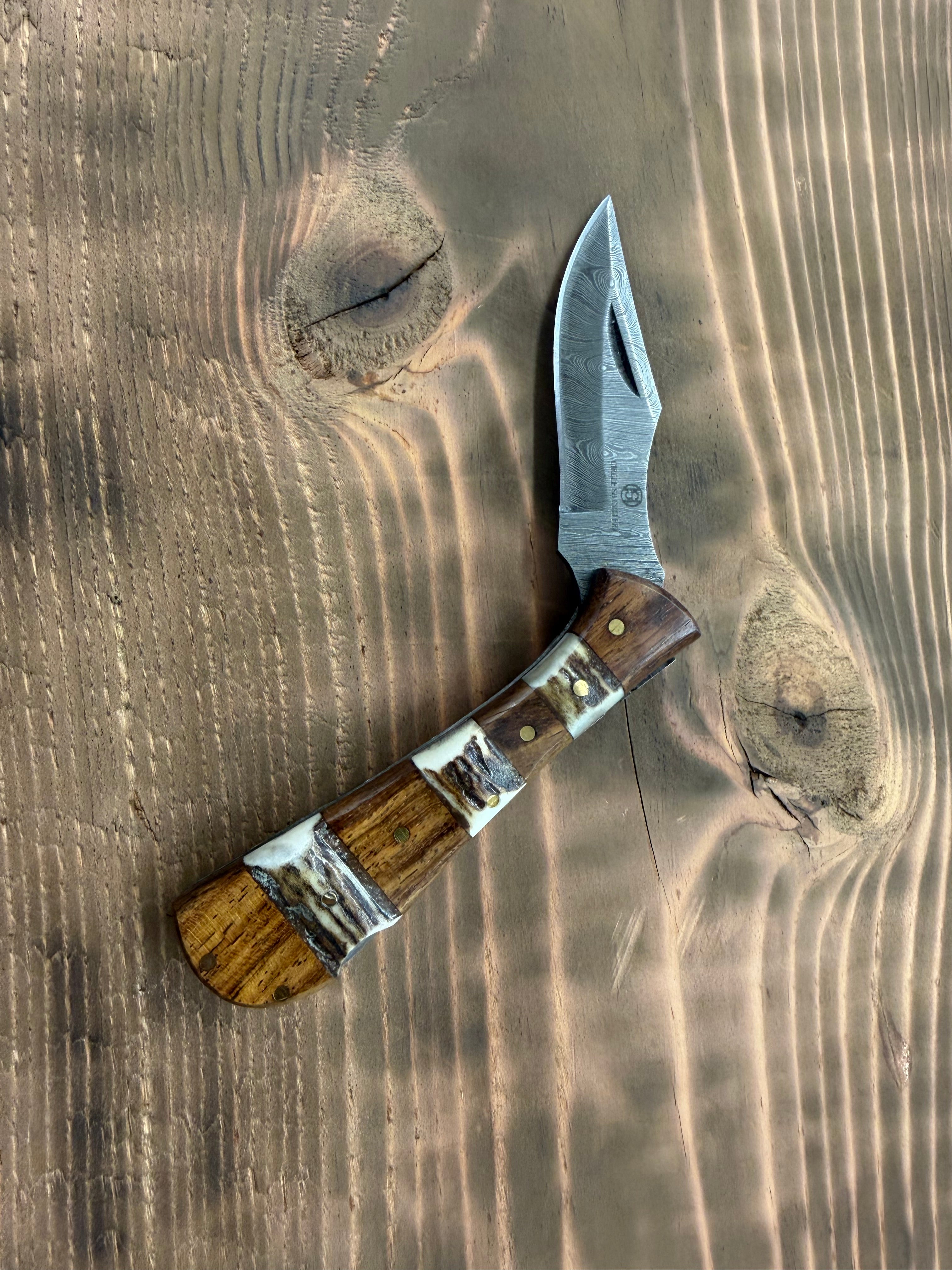 Circle SH Damascus 3 1/2" Folder Stag & Wood Handle