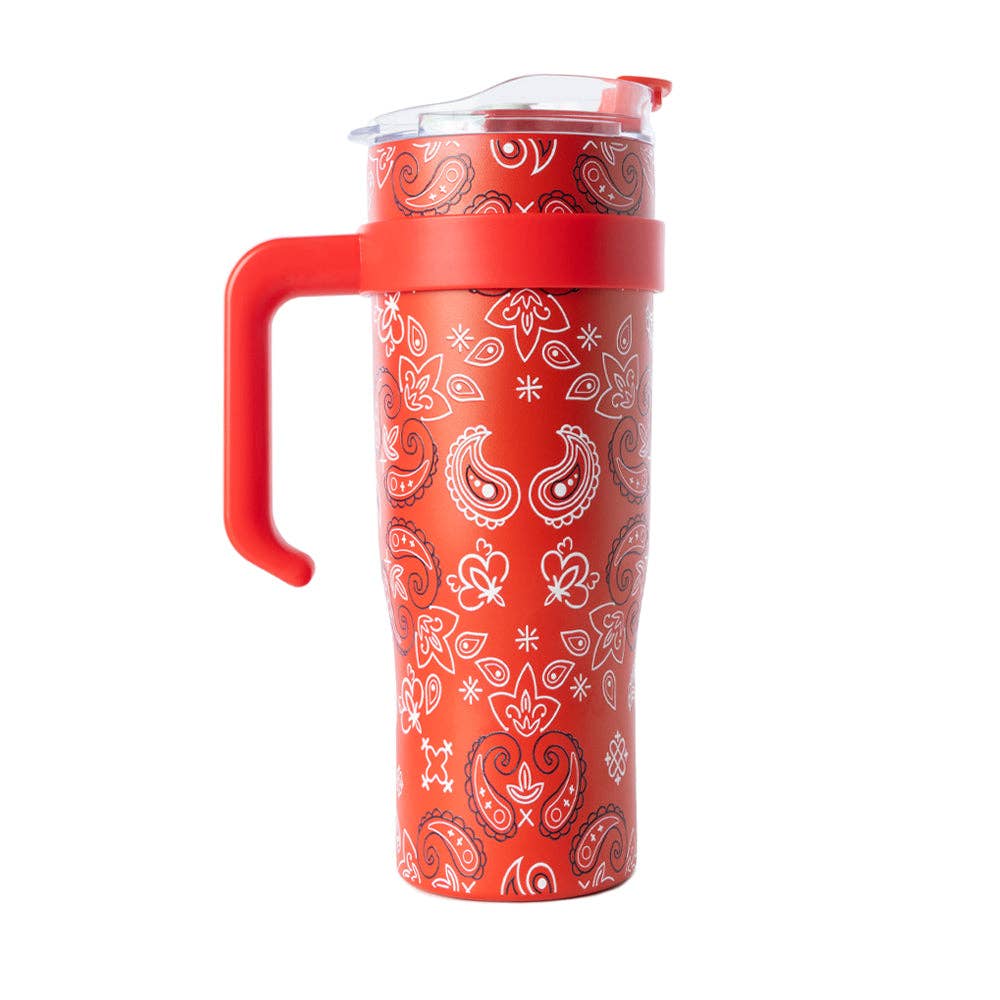 Bandana Tooled Western Tumbler in Red Stainless Steel with Handtooled Leather and Handle for Use