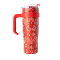 Bandana Tooled Western Tumbler in Red Stainless Steel with Handtooled Leather and Handle for Use